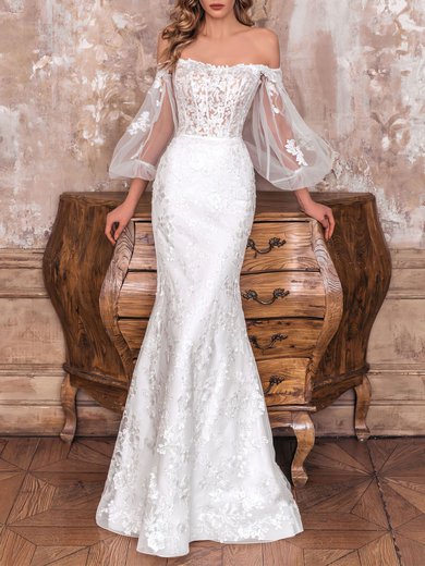 Trumpet/Mermaid Off-the-shoulder Lace Tulle Watteau Train Wedding Dress With Appliques Lace #Milly00027426