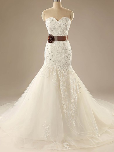 Sashes/Ribbons and Appliques Lace Ivory Tulle Lace-up Sweetheart Trumpet/Mermaid Wedding Dresses #00020525