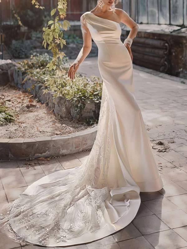 Trumpet/Mermaid One Shoulder Satin Court Train Wedding Dress With Beading #Milly00027435