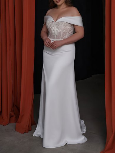 Sheath/Column Off-the-shoulder Satin Sweep Train Wedding Dress With Pearl Detailing #Milly00027437