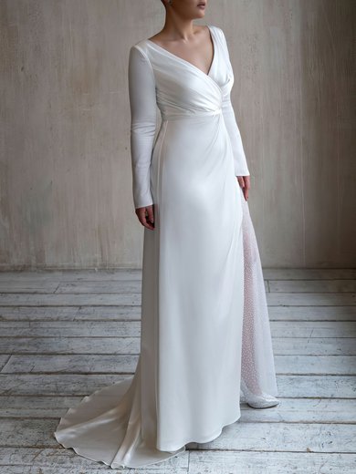 Sheath/Column V-neck Satin Sweep Train Wedding Dress With Beading #Milly00027440