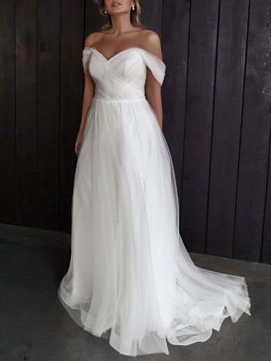 A-line Off-the-shoulder Tulle Sweep Train Wedding Dress With Beading #Milly00027441