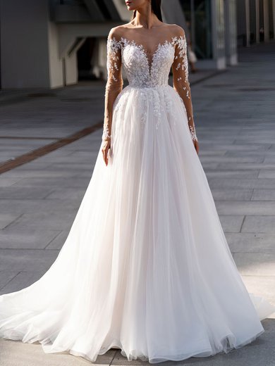 Ball Gown/Princess Illusion Tulle Court Train Wedding Dress With Appliques Lace #Milly00027449