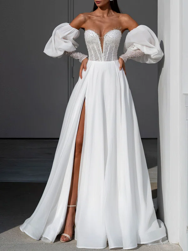 A-line Illusion Chiffon Court Train Wedding Dress With Split Front #Milly00027450