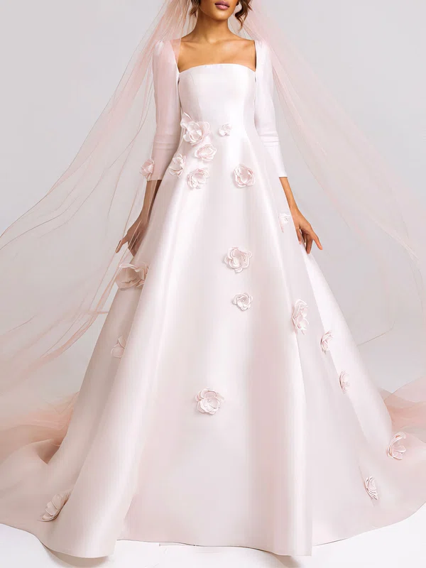 Ball Gown/Princess Square Neckline Satin Chapel Train Wedding Dress With Flower(s) #Milly00027454