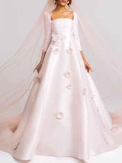 Ball Gown/Princess Square Neckline Satin Chapel Train Wedding Dress With Flower(s) #Milly00027454