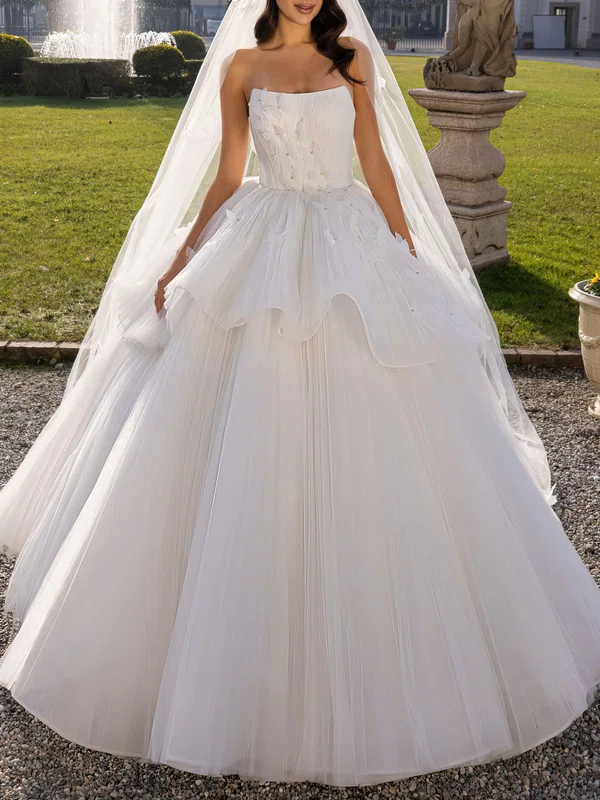 Ball Gown/Princess Straight Tulle Floor-length Wedding Dress With Appliques Lace #Milly00027456