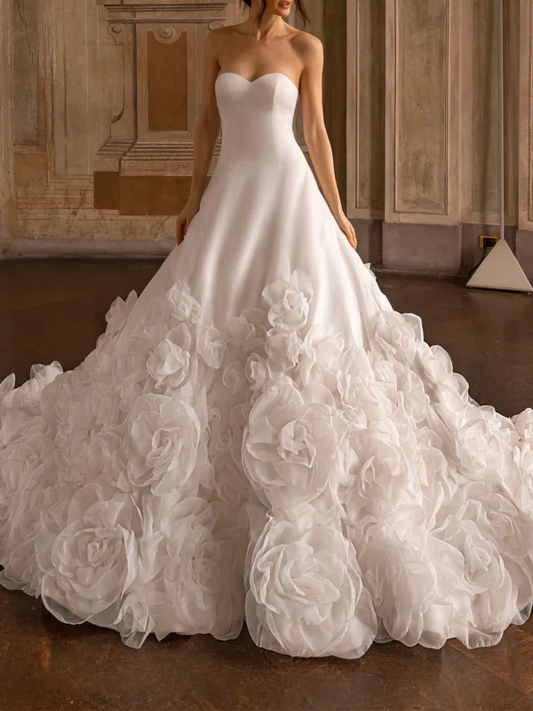 Ball Gown/Princess Sweetheart Satin Cathedral Train Wedding Dress With Flower(s) #Milly00027458