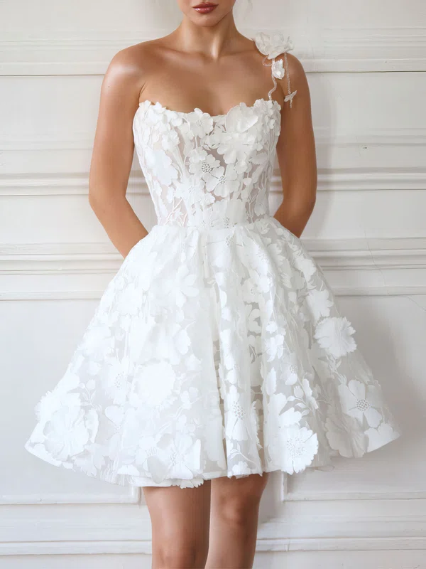 Ball Gown/Princess One Shoulder Lace Short/Mini Wedding Dress With Flower(s) #Milly00027474