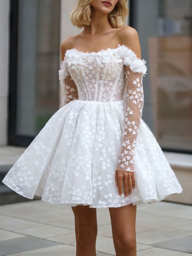 Ball Gown/Princess Off-the-shoulder Lace Short/Mini Wedding Dress With Ruched #Milly00027475