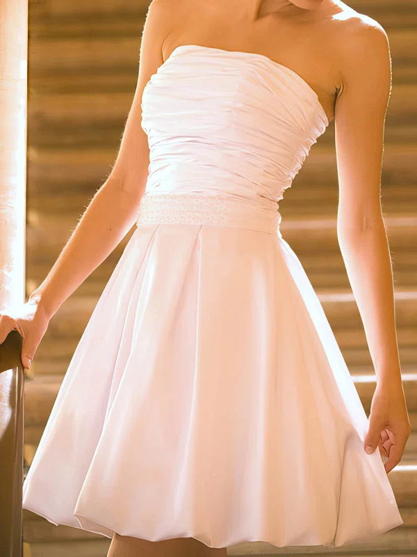 Online Strapless Pearl Detailing Lace-up Short/Mini White Satin Wedding Dresses #00020530