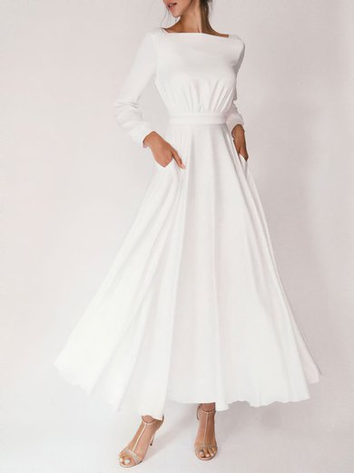 A-line Boat Neckline Chiffon Tea-length Wedding Dress #Milly00027480