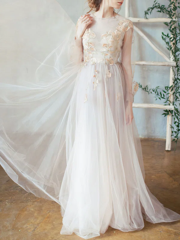 Ball Gown/Princess Illusion Tulle Sweep Train Wedding Dress With Flower(s) #Milly00027483