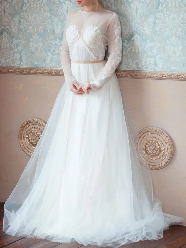 Ball Gown/Princess Illusion Tulle Sweep Train Wedding Dress With Appliques Lace #Milly00027493