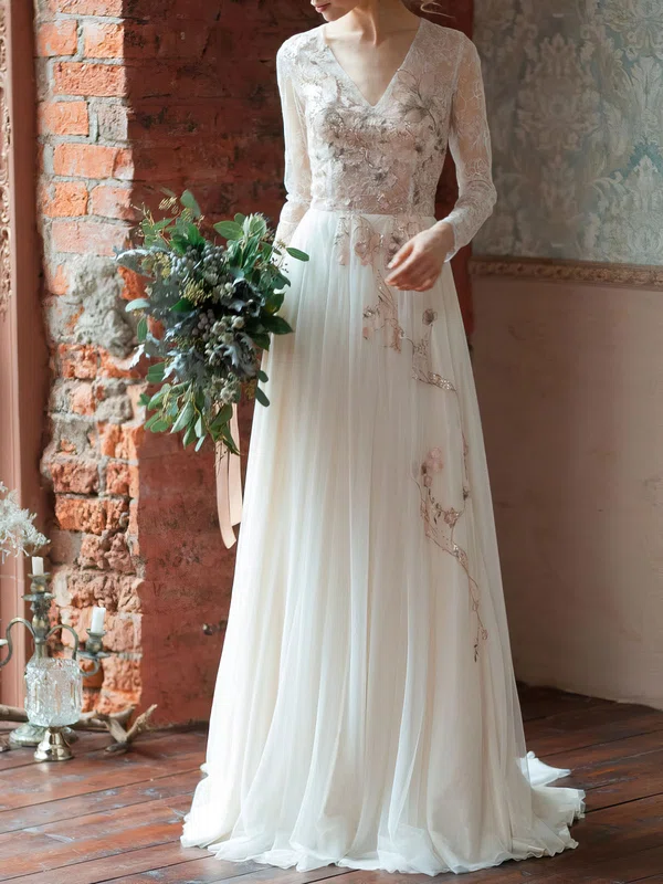 A-line V-neck Lace Chiffon Sweep Train Wedding Dress With Flower(s) #Milly00027496