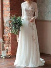 A-line V-neck Lace Chiffon Sweep Train Wedding Dress With Flower(s) #Milly00027496