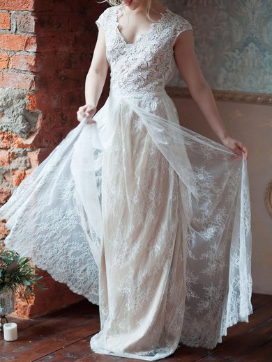 A-line V-neck Lace Sweep Train Wedding Dress #Milly00027500