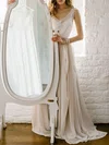 A-line Scoop Neck Chiffon Sweep Train Wedding Dress With Appliques Lace #Milly00027506