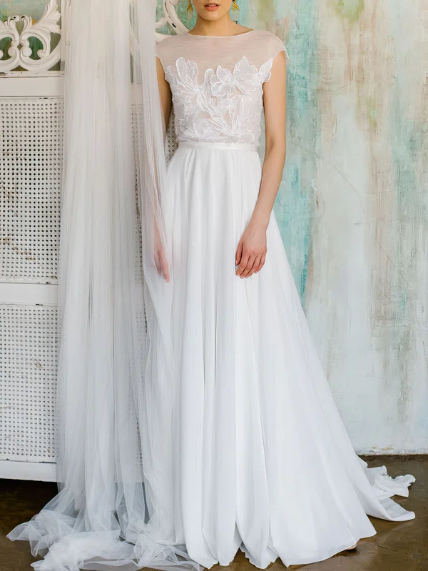 A-line Illusion Chiffon Sweep Train Wedding Dress #Milly00027510