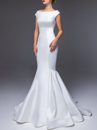 Trumpet/Mermaid Scoop Neck Satin Sweep Train Wedding Dress With Bow #Milly00027521