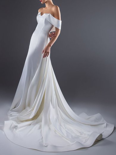 Sheath/Column Off-the-shoulder Satin Watteau Train Wedding Dress #Milly00027533