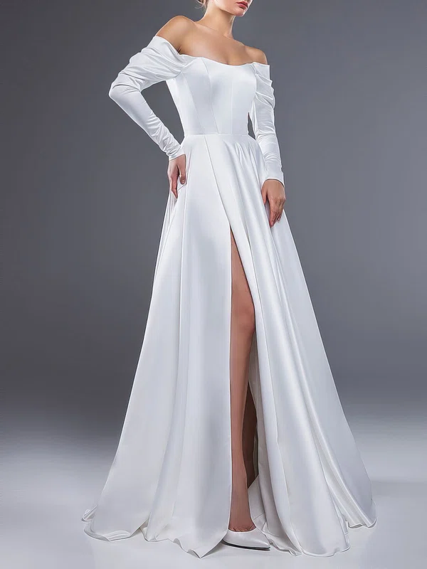 Ball Gown/Princess Off-the-shoulder Satin Floor-length Wedding Dress With Ruched #Milly00027536