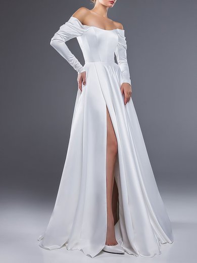 Ball Gown/Princess Off-the-shoulder Satin Floor-length Wedding Dress With Ruched #Milly00027536