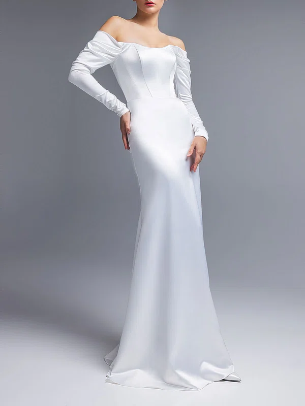 Sheath/Column Off-the-shoulder Satin Floor-length Wedding Dress With Ruched #Milly00027537