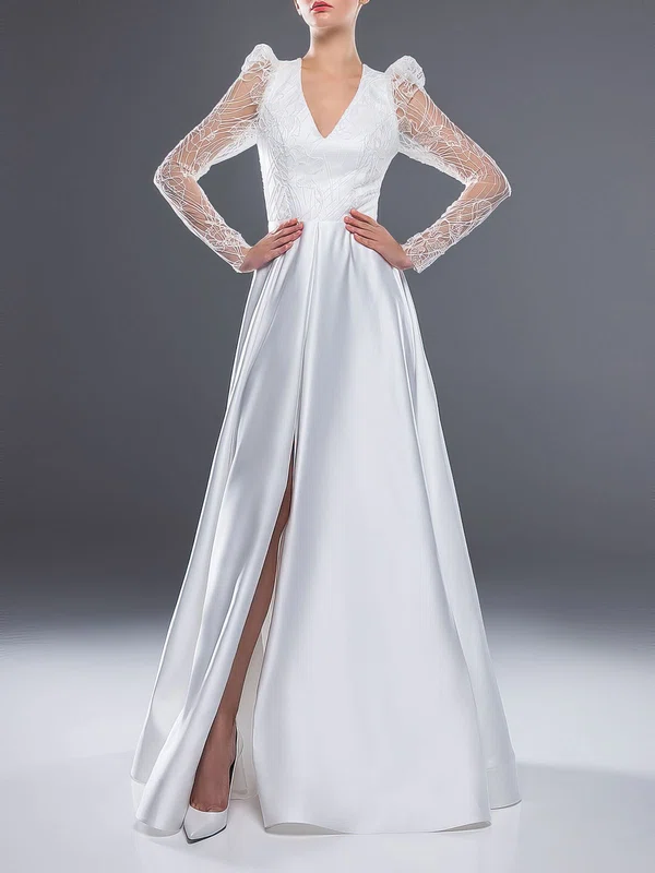 A-line V-neck Lace Satin Floor-length Wedding Dress With Split Front #Milly00027544