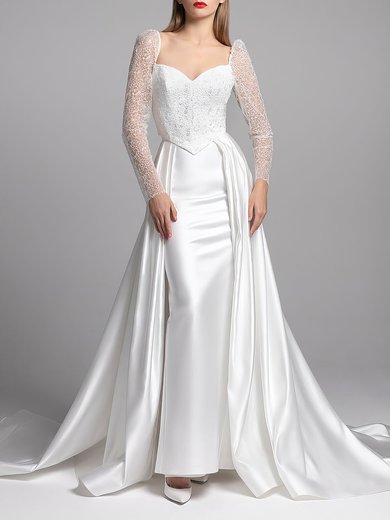 Sheath/Column Sweetheart Lace Satin Watteau Train Wedding Dress #Milly00027545