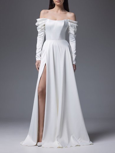 A-line Off-the-shoulder Satin Floor-length Wedding Dress With Split Front #Milly00027549