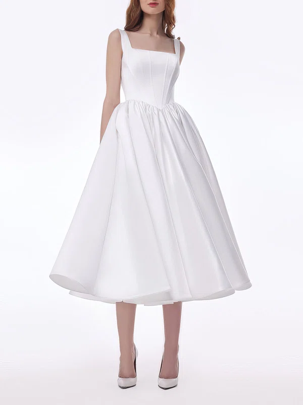 Ball Gown/Princess Square Neckline Satin Tea-length Wedding Dress #Milly00027556