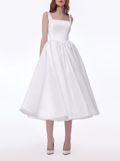 Ball Gown/Princess Square Neckline Satin Tea-length Wedding Dress #Milly00027556