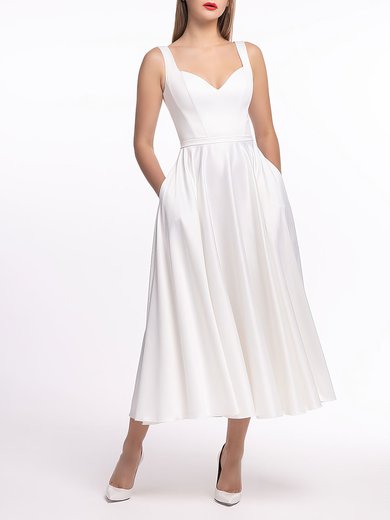 A-line Sweetheart Satin Tea-length Wedding Dress #Milly00027559