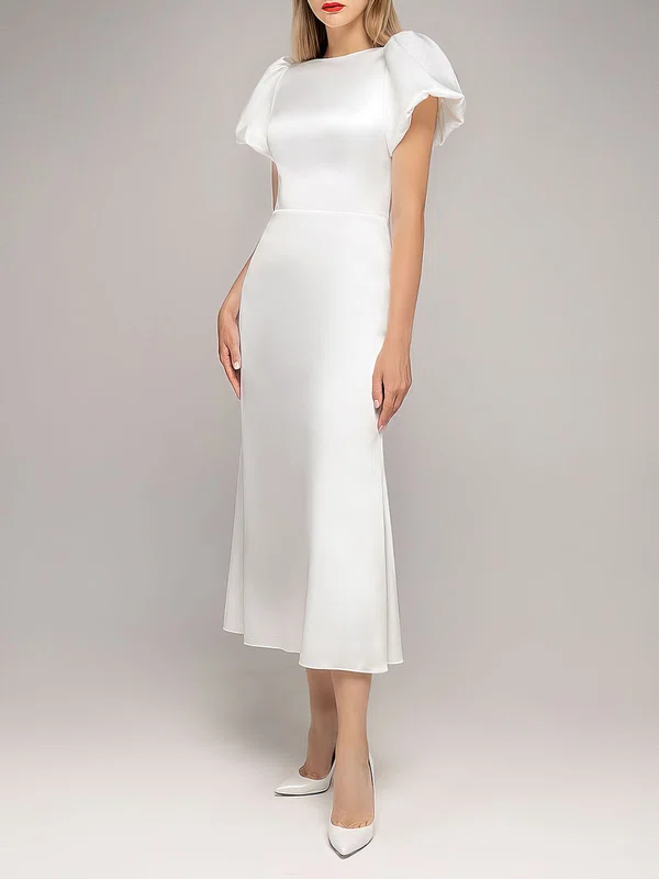 Sheath/Column Scoop Neck Satin Tea-length Wedding Dress #Milly00027566