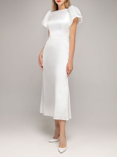 Sheath/Column Scoop Neck Satin Tea-length Wedding Dress #Milly00027566