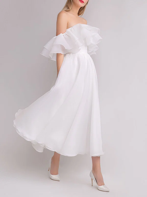 Ball Gown/Princess Off-the-shoulder Organza Tea-length Wedding Dress With Ruffles #Milly00027580