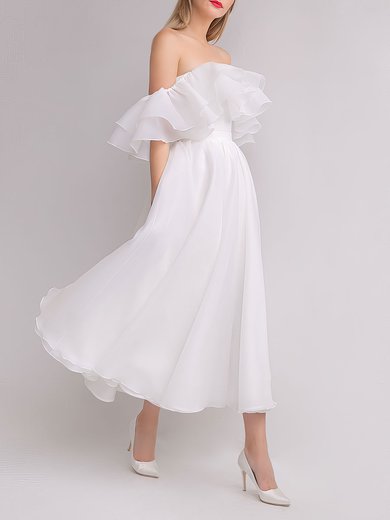 Ball Gown/Princess Off-the-shoulder Organza Tea-length Wedding Dress With Ruffles #Milly00027580