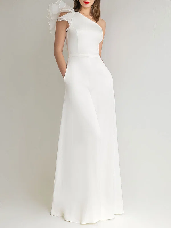 Sheath/Column One Shoulder Stretch Crepe Floor-length Wedding Dress With Ruffles #Milly00027599