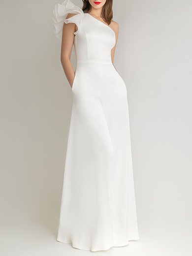 Sheath/Column One Shoulder Stretch Crepe Floor-length Wedding Dress With Ruffles #Milly00027599