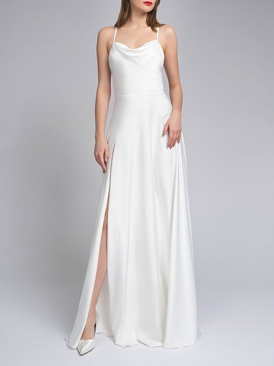 A-line Cowl Neck Satin Floor-length Wedding Dress With Split Front #Milly00027602