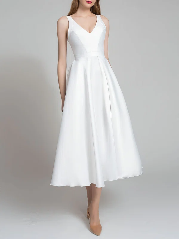 A-line V-neck Satin Tea-length Wedding Dress #Milly00027603