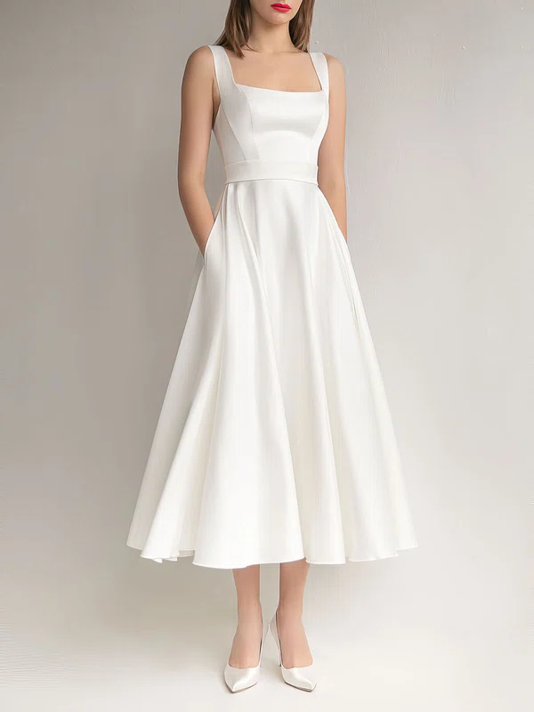 A-line Square Neckline Satin Tea-length Wedding Dress #Milly00027606