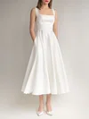 A-line Square Neckline Satin Tea-length Wedding Dress #Milly00027606