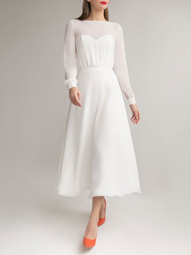 A-line Illusion Chiffon Tea-length Wedding Dress With Ruched #Milly00027608