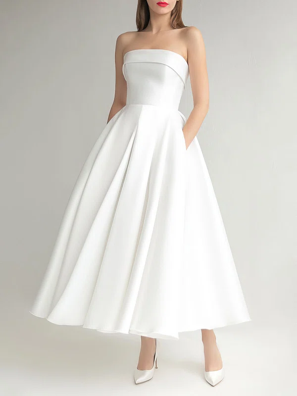 Ball Gown/Princess Straight Satin Tea-length Wedding Dress #Milly00027609