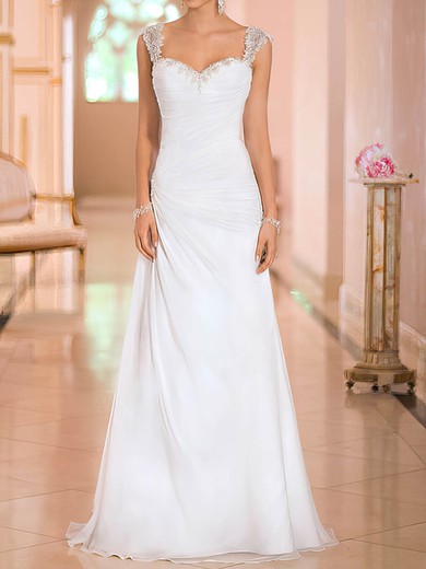 Beading Straps Chiffon Sweetheart White Open Back Elegant Wedding Dresses #00020543