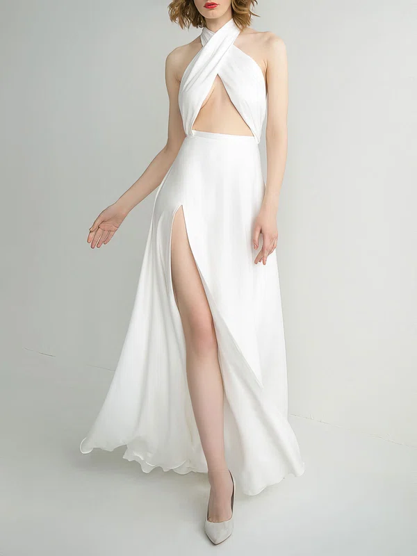 A-line Halter Satin Floor-length Wedding Dress With Split Front #Milly00027611