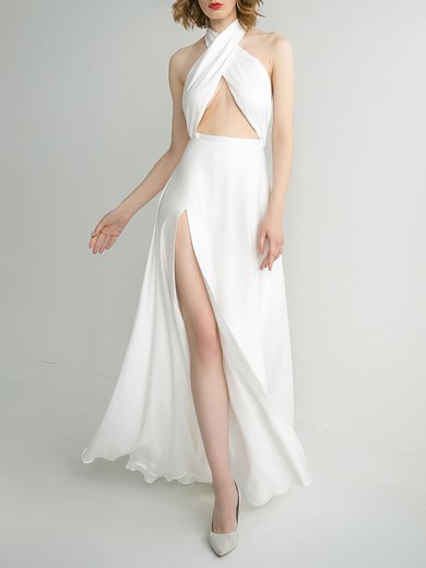 A-line Halter Satin Floor-length Wedding Dress With Split Front #Milly00027611