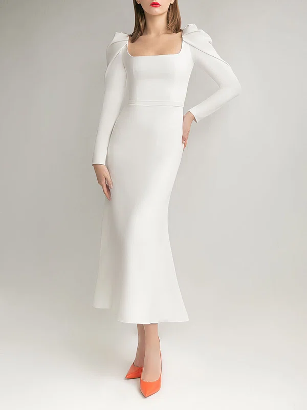 Sheath/Column Square Neckline Stretch Crepe Tea-length Wedding Dress #Milly00027617